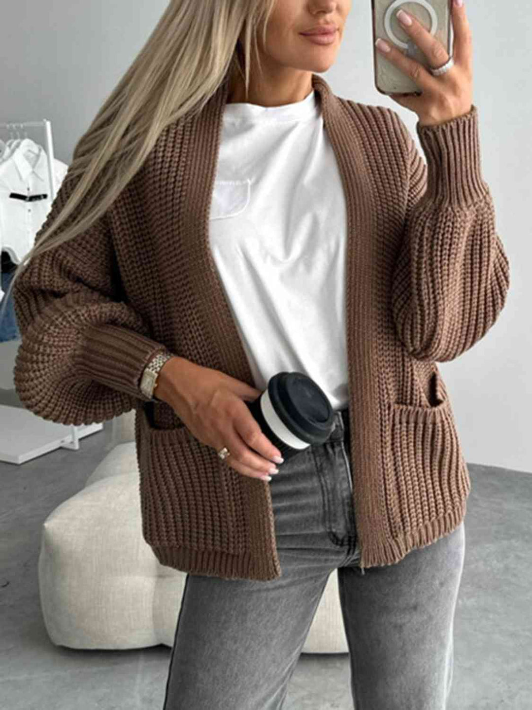 Elegant Åpen Front Cardigan med Senkede Skuldre for Uanstrengt Stil