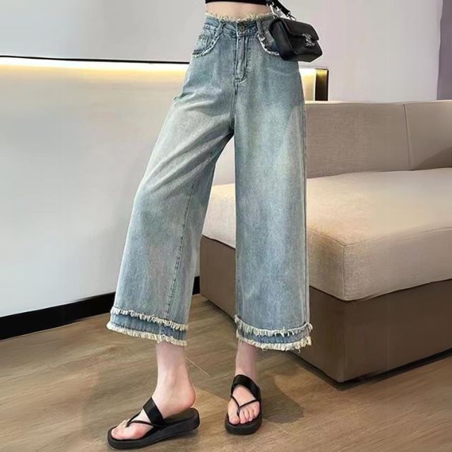 Ariella - brede ben denim culottes med frynser kant