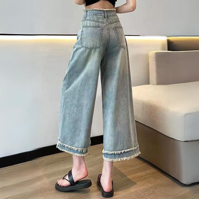 Ariella - brede ben denim culottes med frynser kant