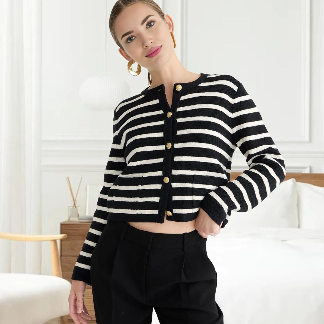 Catalina - Strikket cardigan med striper og gullknapper