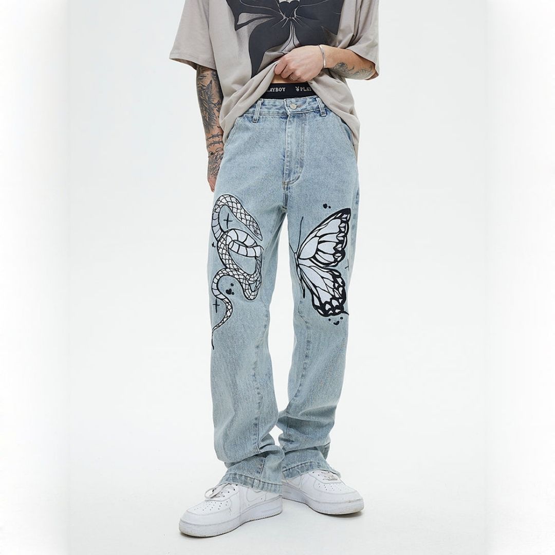 Liam - Kunstneriske jeans med slange- og sommerfuglprint