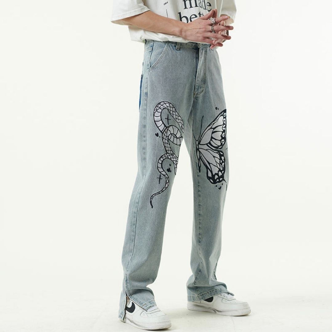 Liam - Kunstneriske jeans med slange- og sommerfuglprint