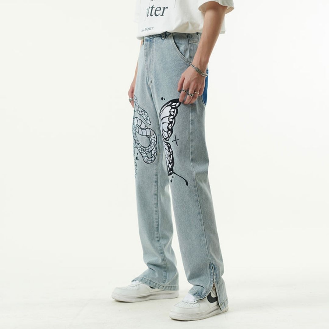 Liam - Kunstneriske jeans med slange- og sommerfuglprint