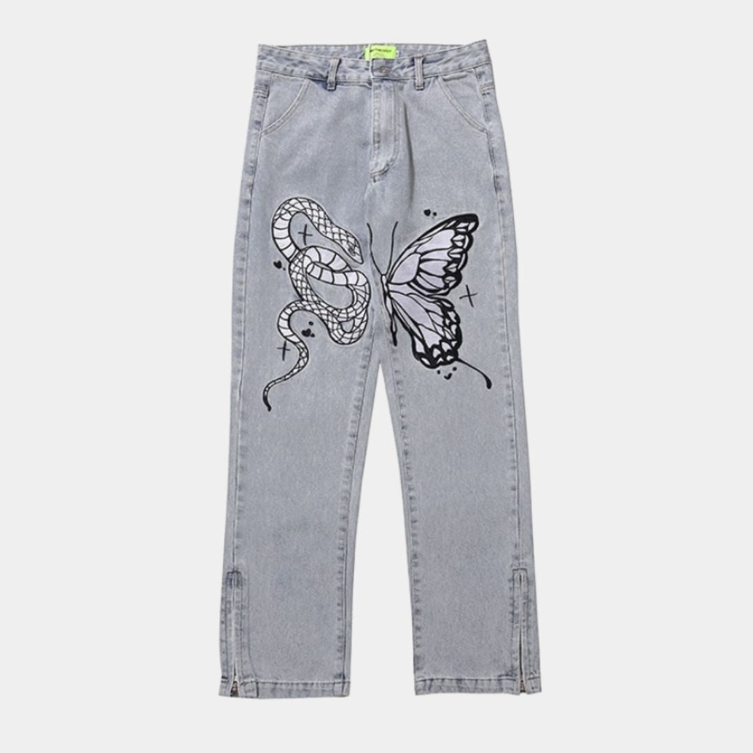 Liam - Kunstneriske jeans med slange- og sommerfuglprint