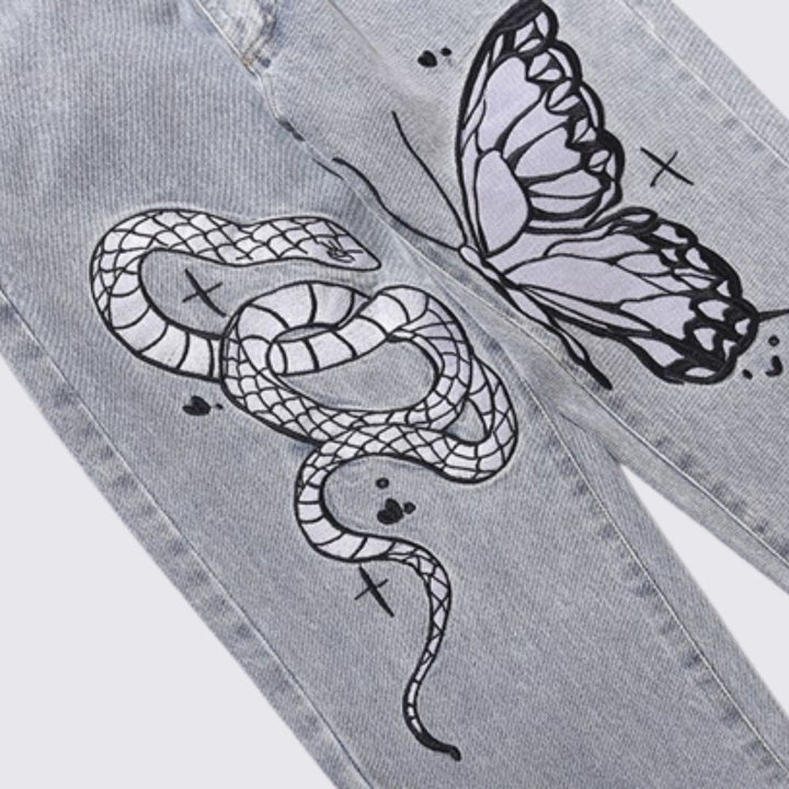 Liam - Kunstneriske jeans med slange- og sommerfuglprint