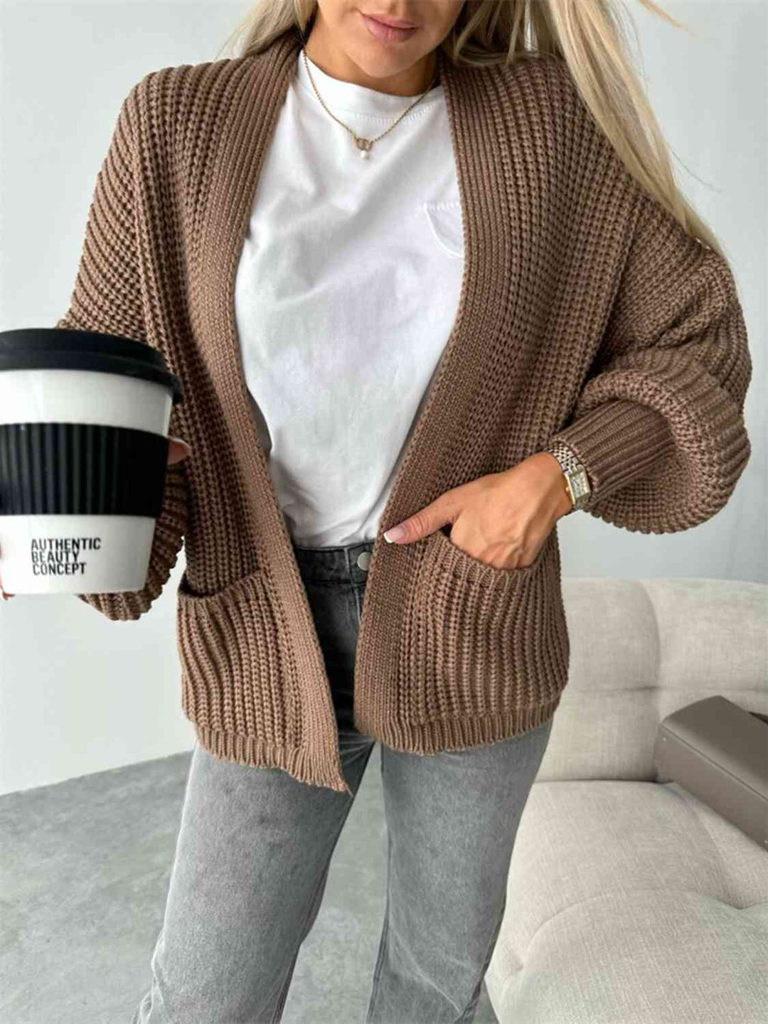 Elegant Åpen Front Cardigan med Senkede Skuldre for Uanstrengt Stil