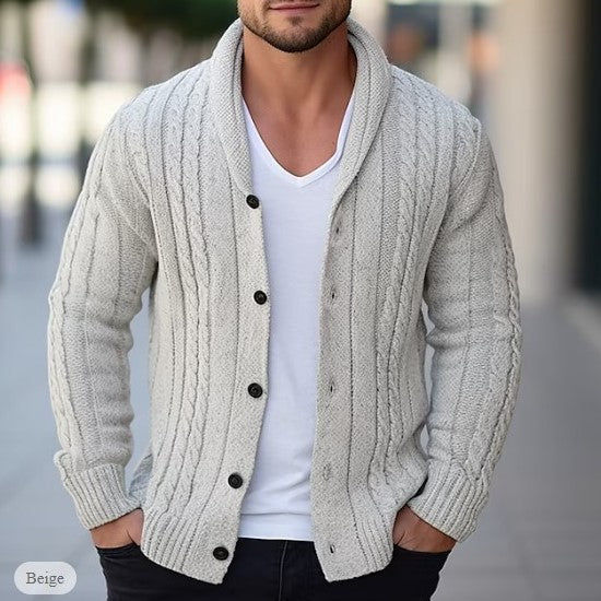 Klassischer Zopfstrick-Cardigan mit Schalkragen beige vorderseite