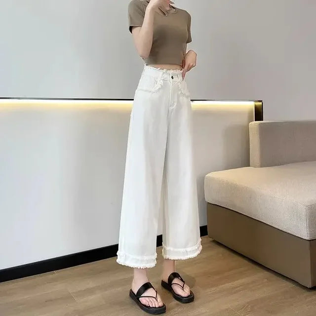 Ariella - brede ben denim culottes med frynser kant