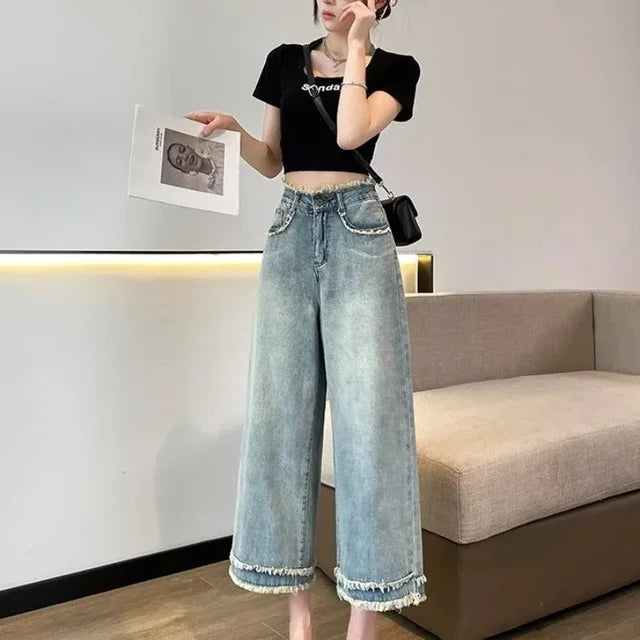 Ariella - brede ben denim culottes med frynser kant