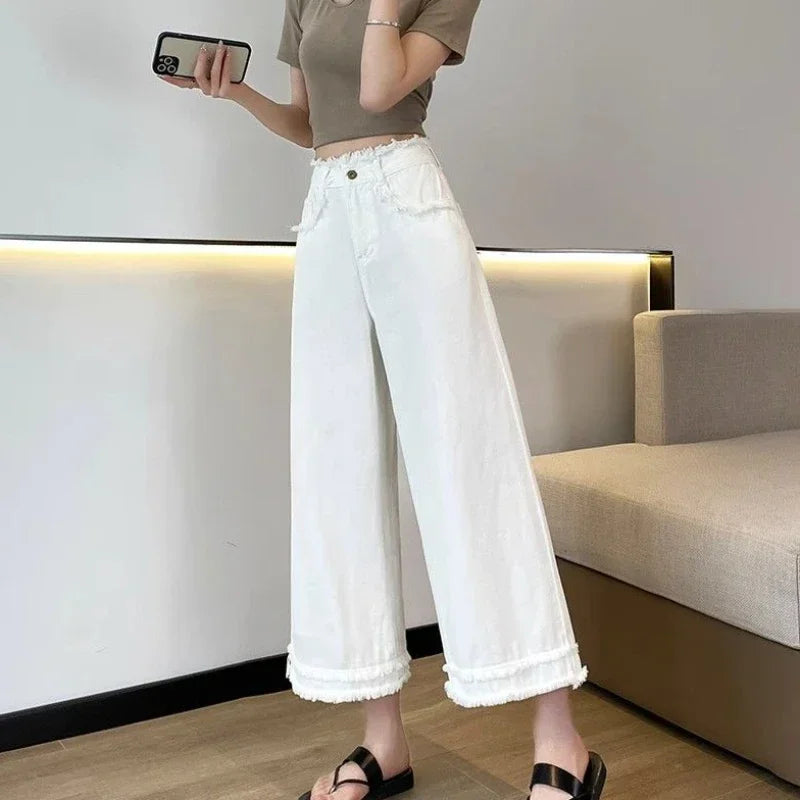 Ariella - brede ben denim culottes med frynser kant