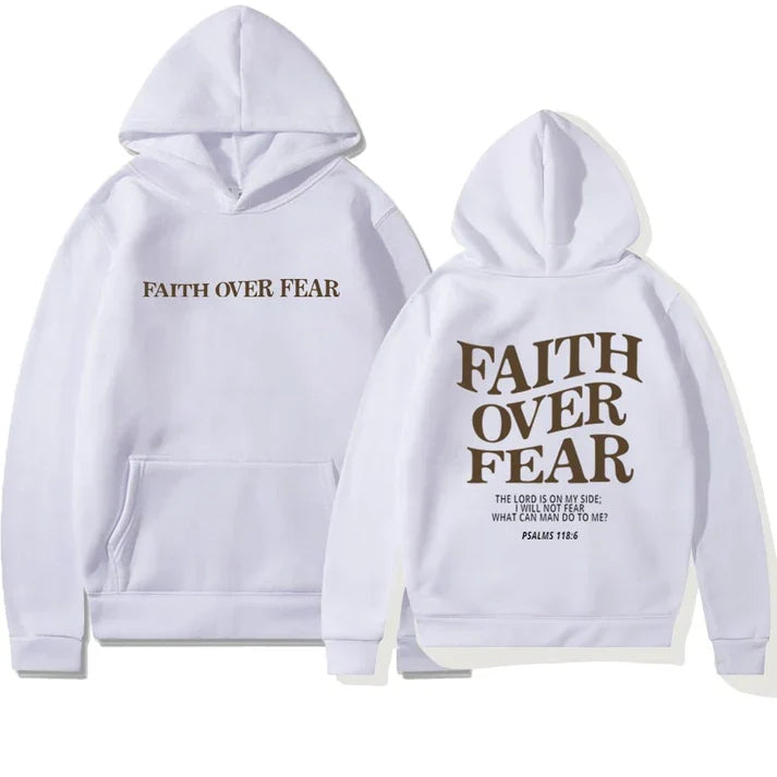 weißer Hoodie Bibelvers faith over fear vorne und hinten 