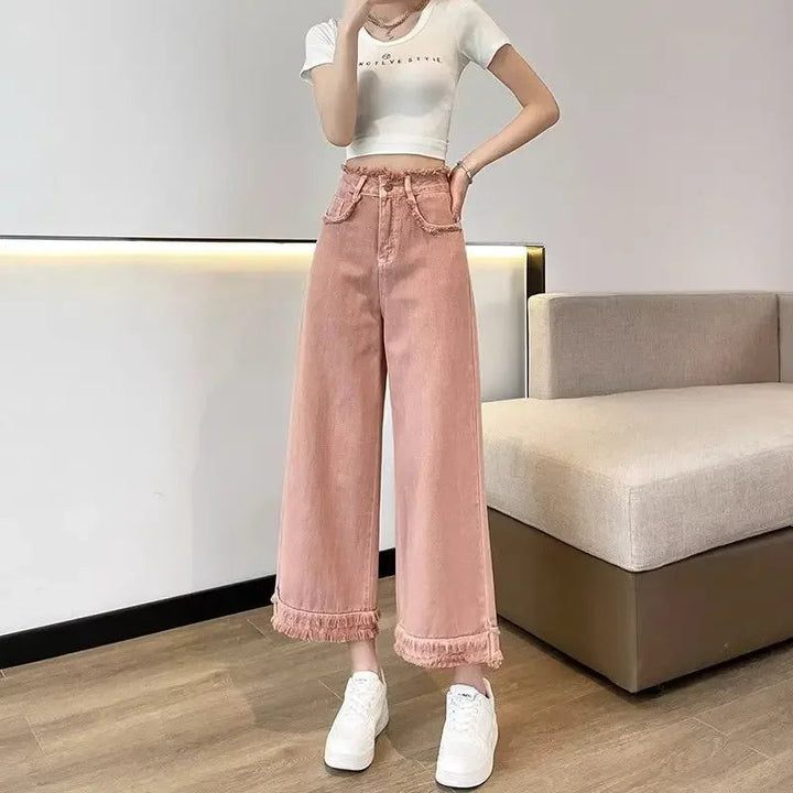 Ariella - brede ben denim culottes med frynser kant